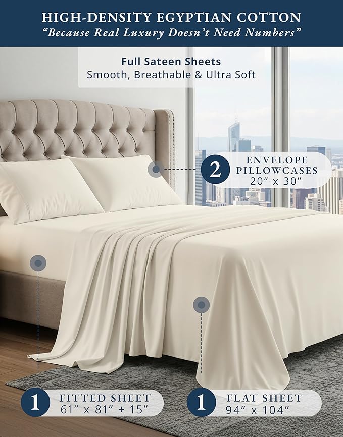 LANE LINEN 100% Egyptian Cotton Full Size Bed Sheets, No Pill Naturally Cooling Sheets Full Size, Soft & Comfy Sateen Weave for Silky Smooth Finish, Available in Variety of Colors - Ivory