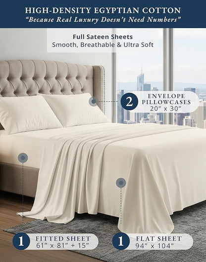 LANE LINEN 100% Egyptian Cotton Full Size Bed Sheets, No Pill Naturally Cooling Sheets Full Size, Soft & Comfy Sateen Weave for Silky Smooth Finish, Available in Variety of Colors - Ivory
