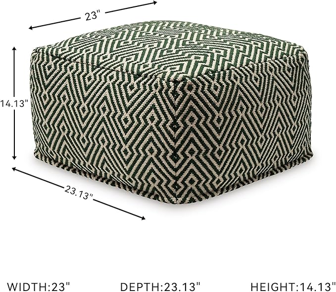 Signature Design by Ashley Abacy Casual Square Handwoven Pouf with Geometric Pattern, Green & Beige