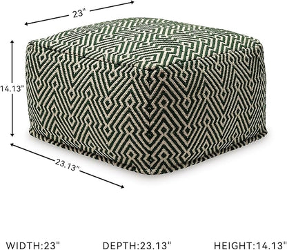 Signature Design by Ashley Abacy Casual Square Handwoven Pouf with Geometric Pattern, Green & Beige
