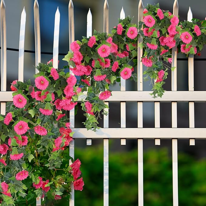 RECUTMS Artificial Fake Hanging Flowers Plants for Outdoor Spring Decor, 2 Pcs UV Resistant Faux Petunias Trailing Plants Realistic Flower Look Real for Door Wall Yard Porch Garden Planter (Rose Red)