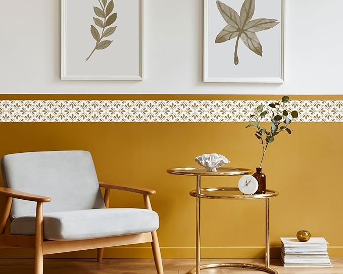 FLFK Wallpaper Border Gold and White Patterns Peel and Stick Wall Border Self Adhesive Wallpapers for Living Room Bedroom Kitchen Bathroom 5"x240"