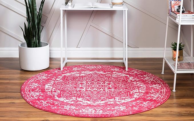 Rugs.com Arlington Collection Rug – 8 Ft Round Pink Medium-Pile Rug Perfect for Kitchens, Dining Rooms