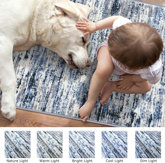 Modern Abstract Runner Rug 3x10, Grey Blue White Washable Kitchen Runner Non-Slip Soft Hallway Rug Runner Thin Print Faux Wool Carpet for Entryway Bedroom Laundry Room Indoor Home Office Decor