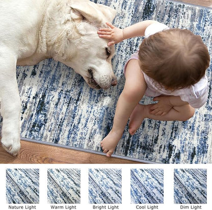 Modern Abstract Runner Rug 3x10, Grey Blue White Washable Kitchen Runner Non-Slip Soft Hallway Rug Runner Thin Print Faux Wool Carpet for Entryway Bedroom Laundry Room Indoor Home Office Decor
