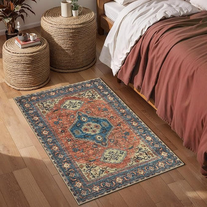 Tangsoo Oriental Washable Entryway Rugs Terracotta 2x3 Non Slip Small Area Rug, Vintage Indoor Front Door Rug, Print Door Mat Indoor Entrance Soft Low Pile Throw Rug for Entry Kitchen Bedroom
