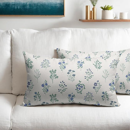 Blue Green Block Print Pillow Covers 12x20 Set of 2 Decorations Vintage Floral Throw Pillow Covers Decor Rustic Pillowcases Flower Pattern Farmhouse Cozy Soft for Sofa Bed Chair Home Decorative