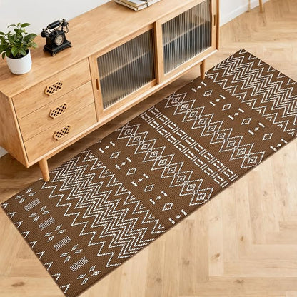 Boho Runner Rug for Kitchen 2x6 ft Washable Braided Rug,Non Slip Rubber Backed Faux Jute Rug,Cotton Entryway Runner Rugs Floor Carpet for Indoor Backdoor Bedroom,Brown/White