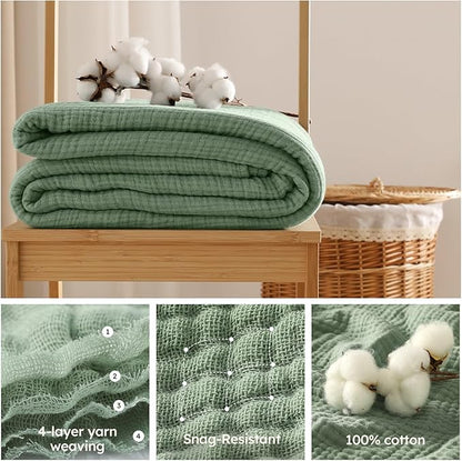 100% Cotton Muslin Blanket Queen Size 90" x 90" for Bed Couch Summer Gauze Blanket for Adults Lightweight and Breathable Dark Green