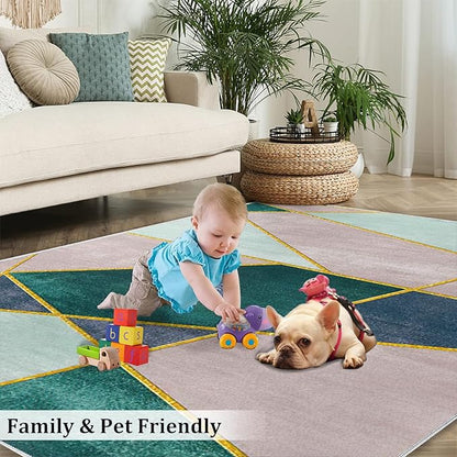 Pink Irregular Geometric Color Block Area Rug, Nordic Simple Gold Line Print Large Rugs, Machine Washable Breathable Durable Carpet for Room Sofa Living Room Mat Bedroom Decor Floor Mat,6 x 8ft