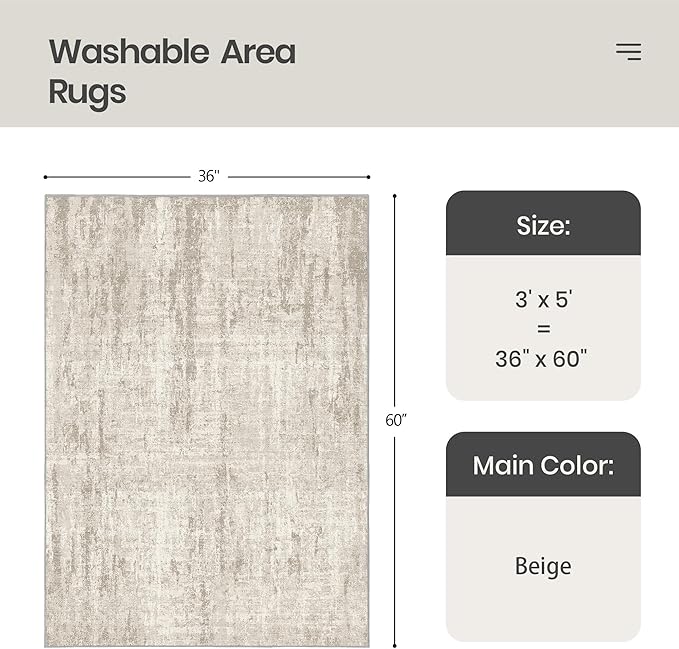 Valenrug Washable Rug 3x5 - Stain Resistant 3x5 Area Rugs for Living Room, Non Slip Backing Printed Rugs for Bedroom, Folable Area Rug(Beige,3'x5')