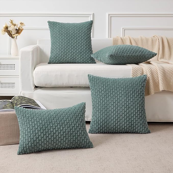 Kevin Textile Decorative Pillow Covers Set of 2 Striped Plush Corduroy Pillows Pillowcases Boho Home Decor Cushion Covers for Couch Sofa Bed Living Room 24x24 Inch, Teal Green