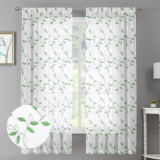 Tollpiz Green Leaf Sheer Curtains Leaves Embroidered Bedroom Short Curtain Rod Pocket Voile Window Treatment for Living Room, 38 x 54 inches Long, Set of 2 Panels