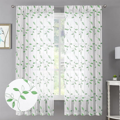 Tollpiz Green Leaf Sheer Curtain Leaves Embroidered Bedroom Short Curtains Rod Pocket Voile Window Treatments for Living Room, 38 x 45 inches Long, Set of 2 Panels