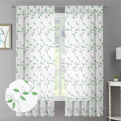 Tollpiz Green Leaf Sheer Curtains Leaves Embroidered Living Room Curtain Rod Pocket Voile Window Treatments for Bedroom, 54 x 63 inches Long, Set of 2 Panels