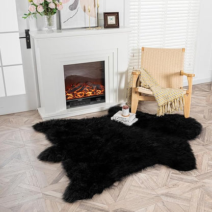 Black Bear Rug Faux Cowhide Rug Animal Print Area Rug Faux Sheepskin Fur Carpet Decor for Living Room 5.1x6.1 Feet
