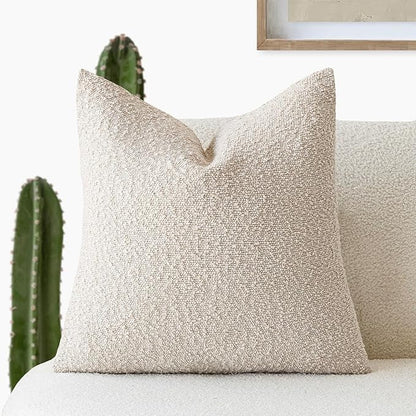 Foindtower Decorative Textured Boucle Throw Pillow Covers Accent Solid Pillow Cases Neutral Soft Cozy Couch Cushion Case for Chair Sofa Bedroom Living Room Home Decor 24 x 24 Inch,Light Beige