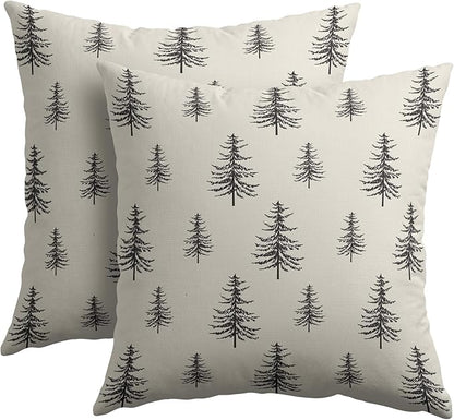 Christmas Tree Pillow Covers 20x20 Set of 2 Black Xmas Vintage Winter Print Decorative Outdoor Linen Zipper Throw Pillows Cases Cushion Cover Rustic Holiday Decoration Farmhouse Sofa Couch Bed Decor
