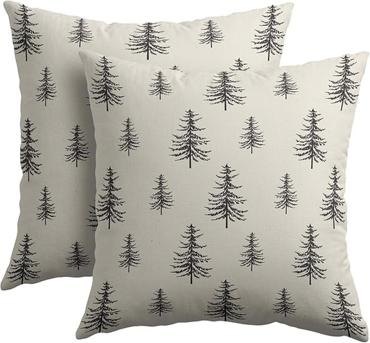 Christmas Tree Pillow Covers 22x22 Set of 2 Black Xmas Vintage Winter Print Decorative Outdoor Linen Zipper Throw Pillows Cases Cushion Cover Rustic Holiday Decoration Farmhouse Sofa Couch Bed Decor