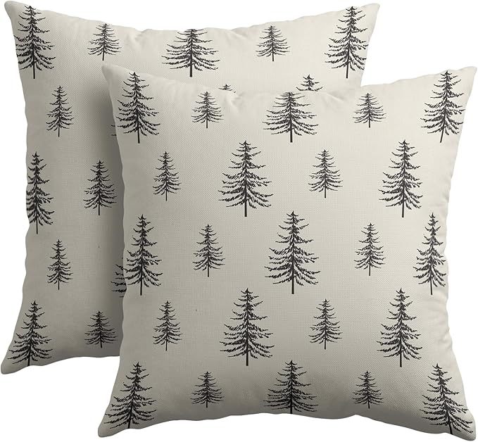 Christmas Tree Pillow Covers 16x16 Set of 2 Black Xmas Vintage Winter Print Decorative Outdoor Linen Zipper Throw Pillows Cases Cushion Cover Rustic Holiday Decoration Farmhouse Sofa Couch Bed Decor