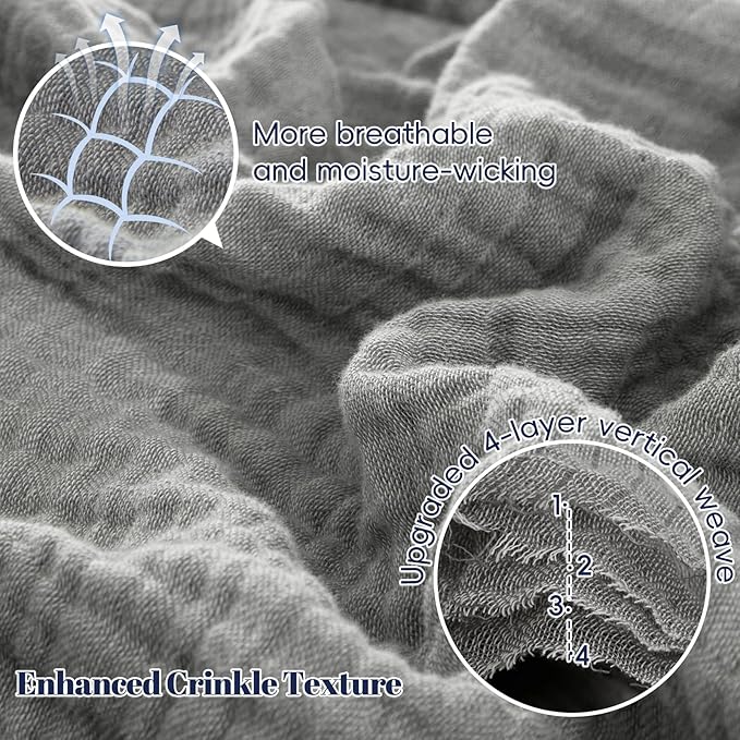 PHF 100% Cotton Muslin Throw Blanket 50" x 60", 4-Layer Lightweight Gauze Throw, Breathable Cloud-Soft Minimalist Blanket for Bed, Couch, Camping & Baby, Grey, Ideal Gift