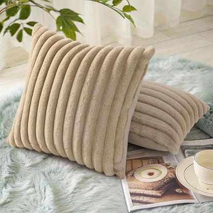 decorUhome Faux Fur Spring Throw Pillow Covers 16x16 Set of 2, Decorative Soft Plush Striped Neutral Couch Pillow Covers with Velvet Back for Sofa, Bed, Living Room Home, Khaki Brown