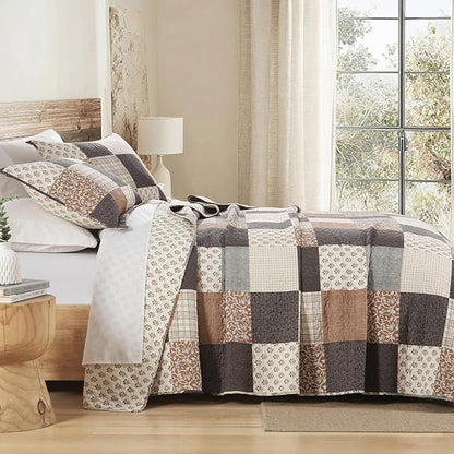 100% Cotton Quilt Set King Size - Plaid Quilted Comforter, Patchwork Reversible King Quilt Bedspread, Modern Farmhouse Lightweight Bedding for King Bed, 3pcs, Beige/Brown/Gray