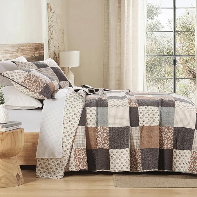 100% Cotton Quilt Set Queen Size - Plaid Quilted Comforter, Patchwork Reversible Queen Quilt Bedspread, Modern Farmhouse Lightweight Bedding for Queen Bed, 3pcs, Beige/Brown/Gray
