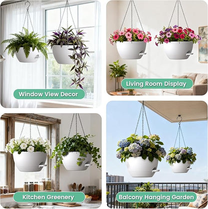 13 Inch 2 Pack Large Self Watering Hanging Planters for Indoor Outdoor Plants, Hanging Plant Pots with Removable 50 Oz Reservoir, Plastic Hanging Basket for Window Porch Garden, White