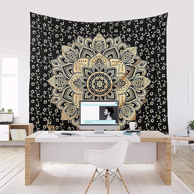 Rajsee Gold Mandala Tapestry - Boho Bedroom Aesthetic - Trippy Cute Wall Hanging - Black Gold Wall Art 52x82 Inches