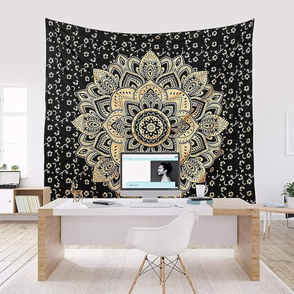 Rajsee Gold Mandala Tapestry - Boho Bedroom Aesthetic - Trippy Cute Wall Hanging - Black Gold Wall Art 52x82 Inches