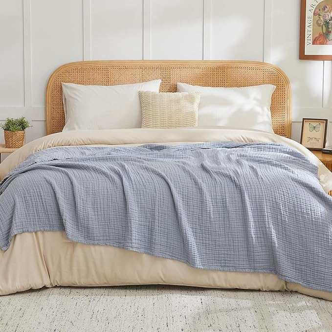 EMME Cotton Muslin Large Throw Blanket Couch Breathable Gauze Blanket Soft Lightweight Bed Blankets Adults (Dusty Blue, 50"x70")
