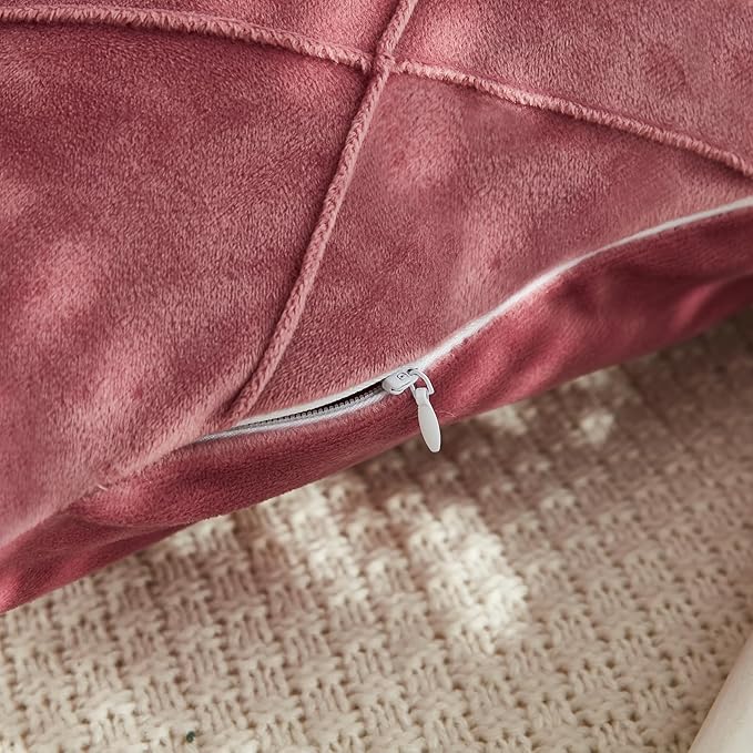 JAUXIO Diamond Pinch Pleated Crystal Velvet Pillowcases 2 Pack Solid Pintuck Throw Cushion Cover for Home Decor Hidden Zipper Closure (Dusty Rose, King)
