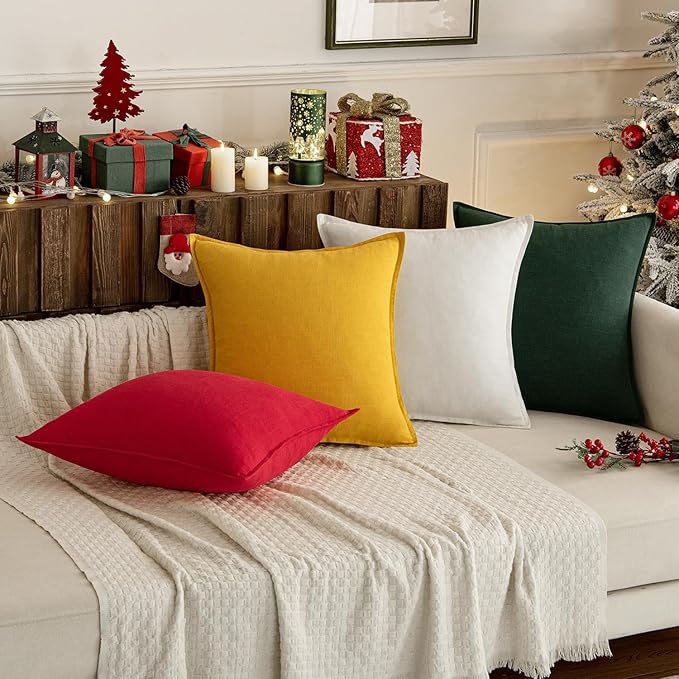 MIULEE Christmas Green Linen Pillow Covers Pack of 4 Decorative Natural Solid Throw Pillow Covers Soft Accent Boho Farmhouse Couch Pillowcases Modern Home Decor for Living Room Bed Sofa 18x18 Inch