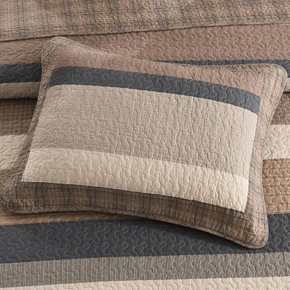 SahSahCasa 128"x120" 100% Cotton Oversized California King XL Bedspread Coverlet Quilt Set, Cal King Quilted Striped Bedspread Extra Large Quilt, Bed Spread Lightweight Comforter,Charcoal/Beige/Brown