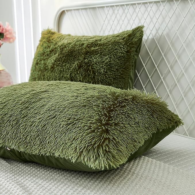 Uhamho Set of 2 Standard Pillowcases Faux Fur Throw Pillow Covers Queen Size Shams Soft Velvet Decorative Zipper Closure (Sage, 20"x26")