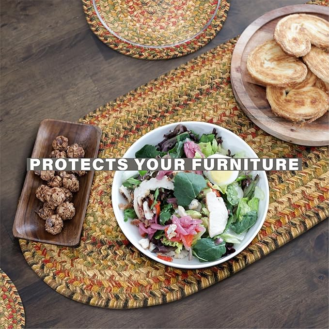 Homespice Kingston Jute Braided Oval Placemats, Warm Country Decor, Set of 6, 13x19 Multicolor Table Mats - Vibrant Colors, Durable, Easy to Clean and Protects Furniture