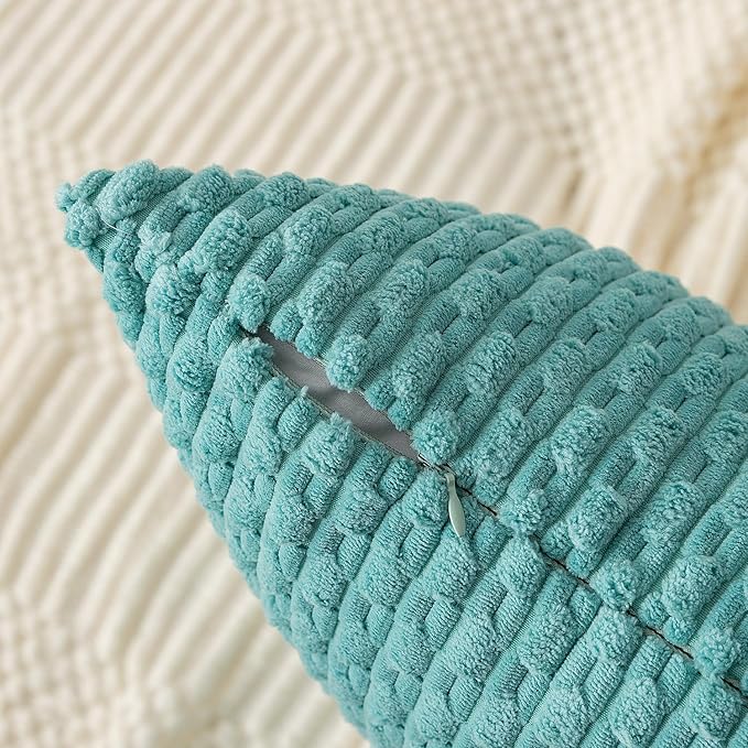 Kevin Textile 14x24 Inch Pillow Cover 1 Pack Boho Decorative Soft Striped Corduroy Lumbar Farmhouse Color Accent Rectangle Cushion Case for Living Room Couch Sofa Bed, Aqua Green