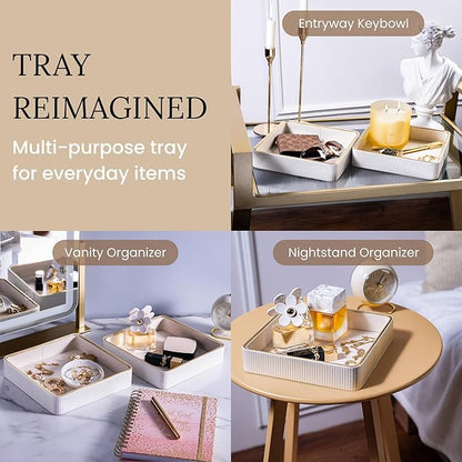2 Pack White Catch All Trays for Jewelry| Small Leather Valet Tray| Key Bowl for Entryway Table EDC Trinket Tray Catch All| Perfume Trays for Dresser Organizer Perfume Holder (Set of 2)
