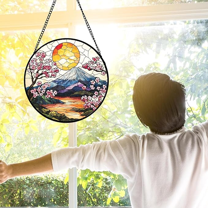 Stained Glass Window Hanging, Sun Blooming Cherry Blossoms Suncatcher Diamond Glass Panel Sun Catchers Decor for Birthday for Women, Men, Wife, Aunt, and Mom 14.9x14.9 in