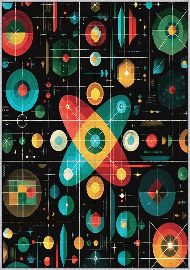 Mid Century Rug 5x8 Retro Abstract Space Geometric Pattern, Washable Living Room Bedroom Area Rugs, Mid Century Decor for Home, Soft Non Slip Indoor Carpet, Low Pile Design & G853