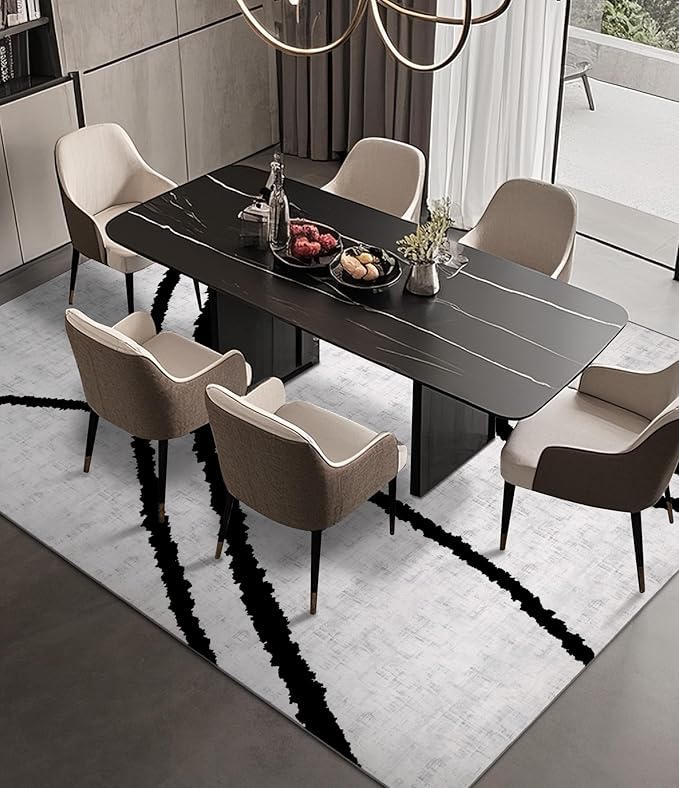 YIHOUSE Modern Area Rugs for Bedroom,5x7 Washable Black and White Rug, Thin Abstract Geometric Minimalist Striped Rug, Black Rugs for Bedroom,Kitchen,Dining Room Office