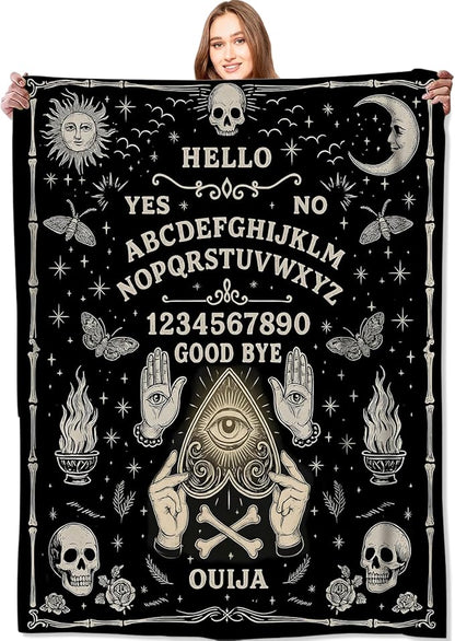 Ouija Board Blanket Halloween Holiday Decor Gothic Spirit Witch Throw Gifts for Kids Adults Lightweight Soft Fleece Sun Moon Skeleton Skull Witchy Blankets for Horror Spooky Decoration 40x50in
