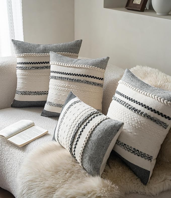 Boho Lumbar Pillow Covers 14x36 Inch Long, Black Textured Decorative Couch Pillow Cases for Farmhouse Home Decor, Accent Cushion Cover for Sofa, Bed, Living Room, Bedroom, Pack of 1