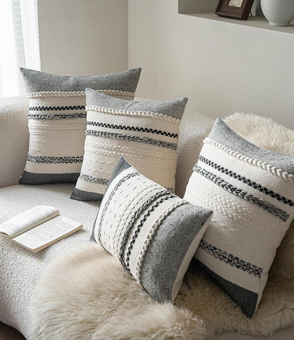 Boho Lumbar Pillow Covers 14x36 Inch Long, Black Textured Decorative Couch Pillow Cases for Farmhouse Home Decor, Accent Cushion Cover for Sofa, Bed, Living Room, Bedroom, Pack of 1