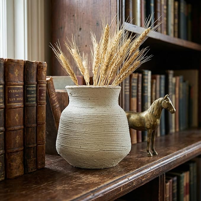 Rustic Wide Mouth Ceramic Flower Vase for Home Decor,Handmade Vintage Stoneware Clay Pottery Terracotta Textured for Modern Farmhouse, Living Room, Office Desk Table Shelf(Beige White) 6IN