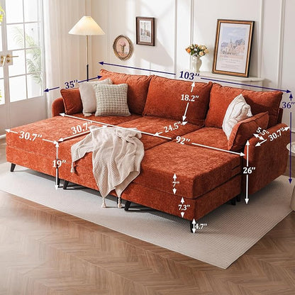 104'' Modular Sectional Sofa with Seats Storage,Oversized Sleeper Sofa Bed,Comfy Cloud Couches with Deep Seat,Couches for Living Room,Movable Ottoman,2 Throw Pillow,Chenille,Orange