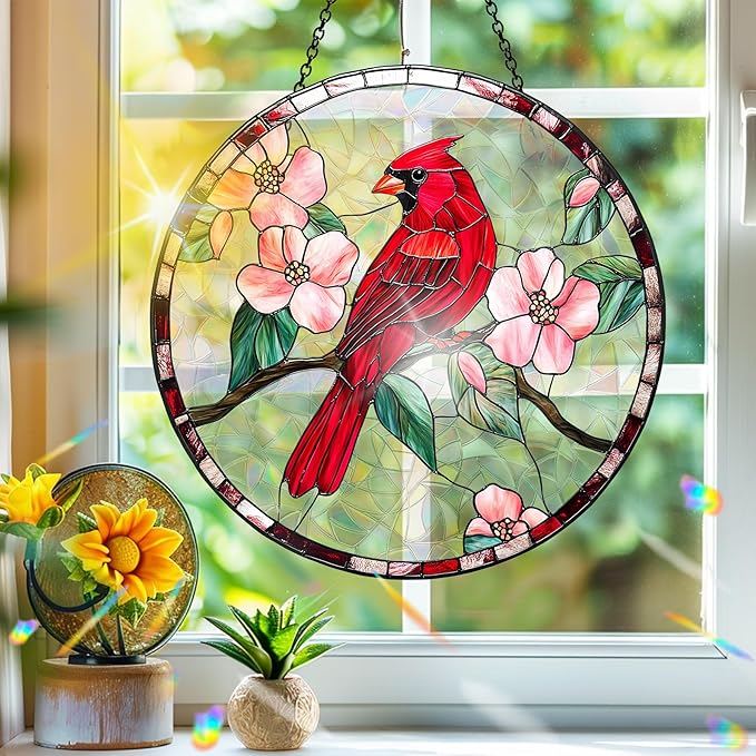 Bimkole Red Bird Sun Catchers Indoor Window - Flowers Acrylic Suncatcher Hanging Decoration for Living Room Bedroom Summer Home Balcony Outdoor Garden Ornaments Decoration 7.8x7.8 Inch