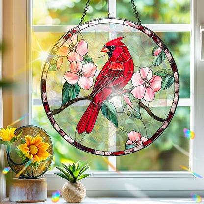 Bimkole Red Bird Sun Catchers Indoor Window - Flowers Acrylic Suncatcher Hanging Decoration for Living Room Bedroom Summer Home Balcony Outdoor Garden Ornaments Decoration 7.8x7.8 Inch