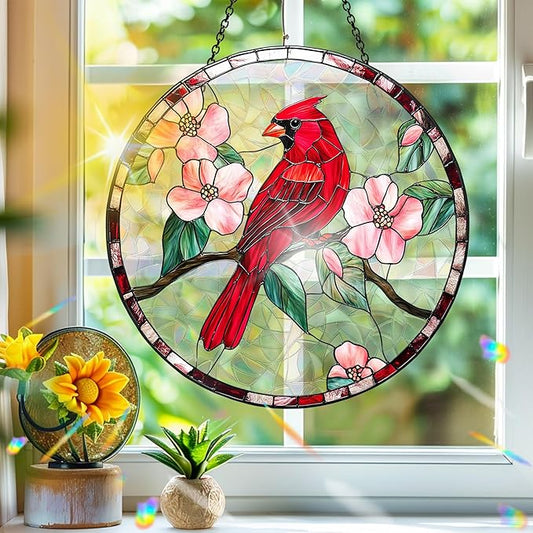 Bimkole Red Bird Sun Catchers Indoor Window - Flowers Acrylic Suncatcher Hanging Decoration for Living Room Bedroom Summer Home Balcony Outdoor Garden Ornaments Decoration 7.8x7.8 Inch
